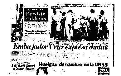 La Prensa, May 9, 1981: Headline, "Cruz." Above is an unrelated photo showing a huge cross awkwardly hung over the back of a youth, with young people in a circle, singing.