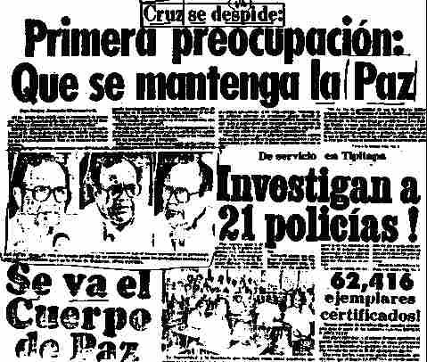 La Prensa, March 7, 1981: On top, the word "cross" (cruz) and the word "peace" (paz); between them the word "leaving" (despide).  The cross is leaving Nicaragua; peace is leaving Nicaragua.